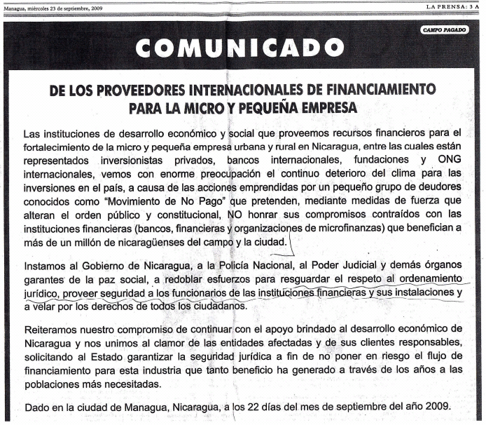 Full-page ad in the Nicaraguan newspaper La Prensa, 9/23/09, signed by Kiva and 24 other groups